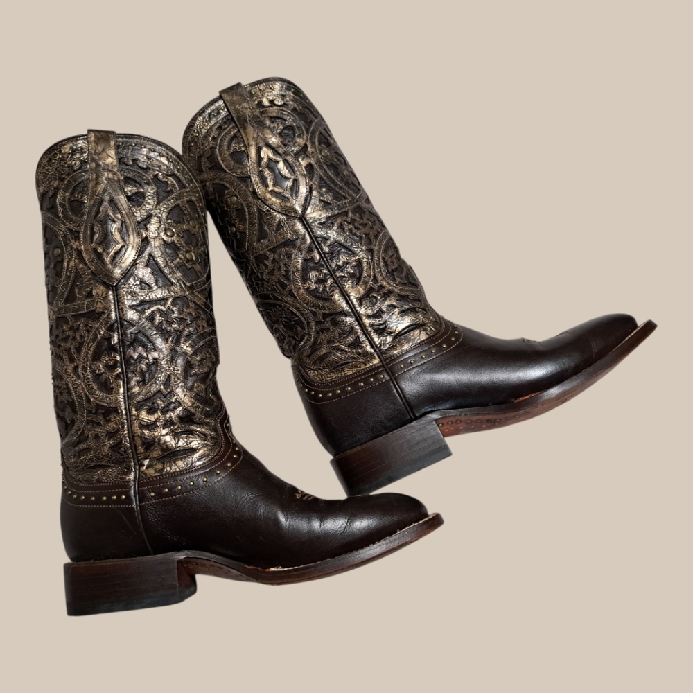 Lucchese Brown and Gold Cowboy Boots with Intricate Detailing